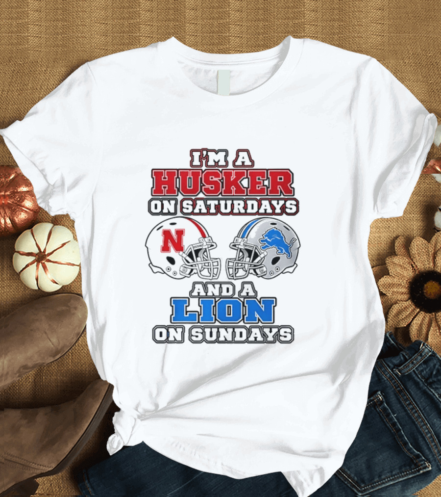 Husker On Saturdays And Lion On Sundays Football Helmets T-Shirt