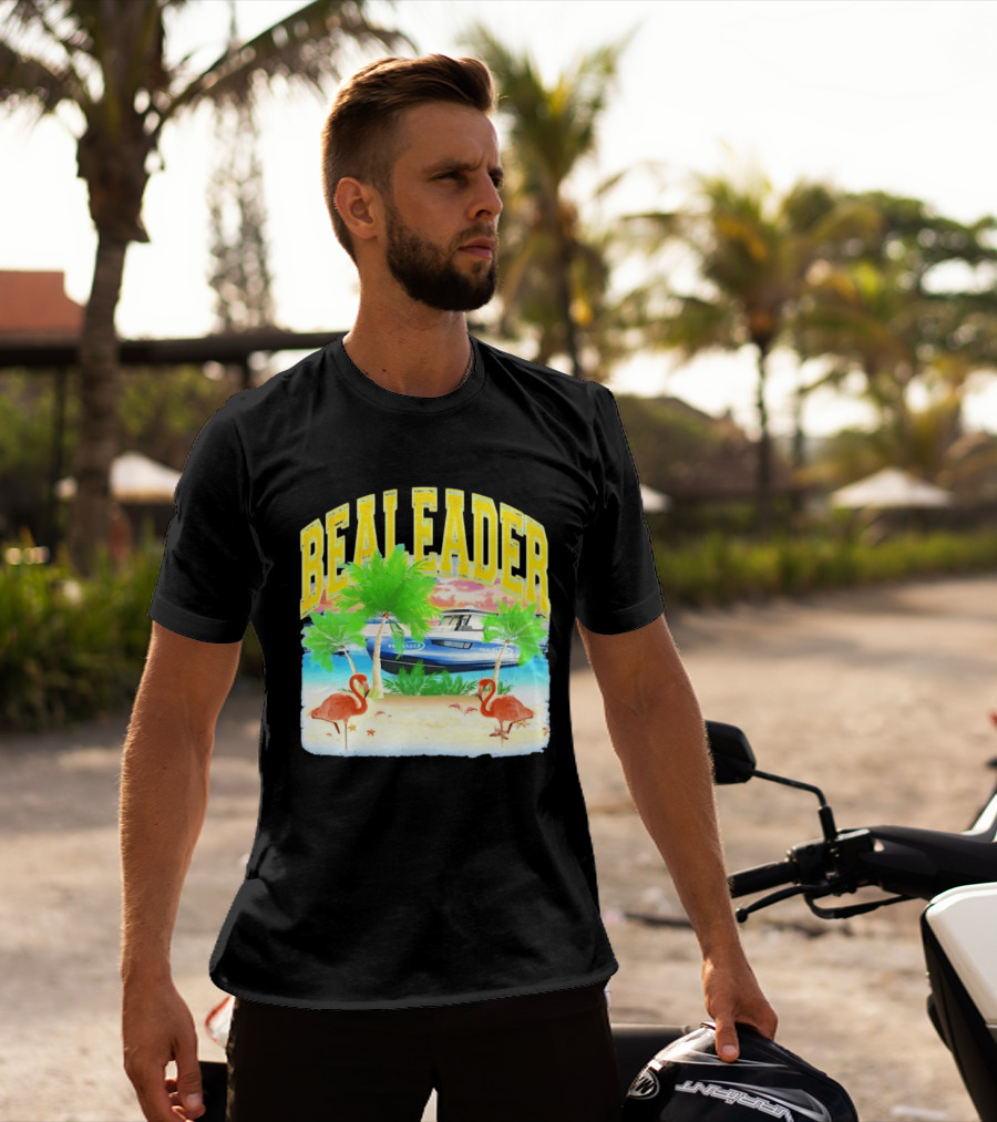 Bealeader Tropical Beach Scene With Palm Trees, Boat, And Flamingos T-Shirt