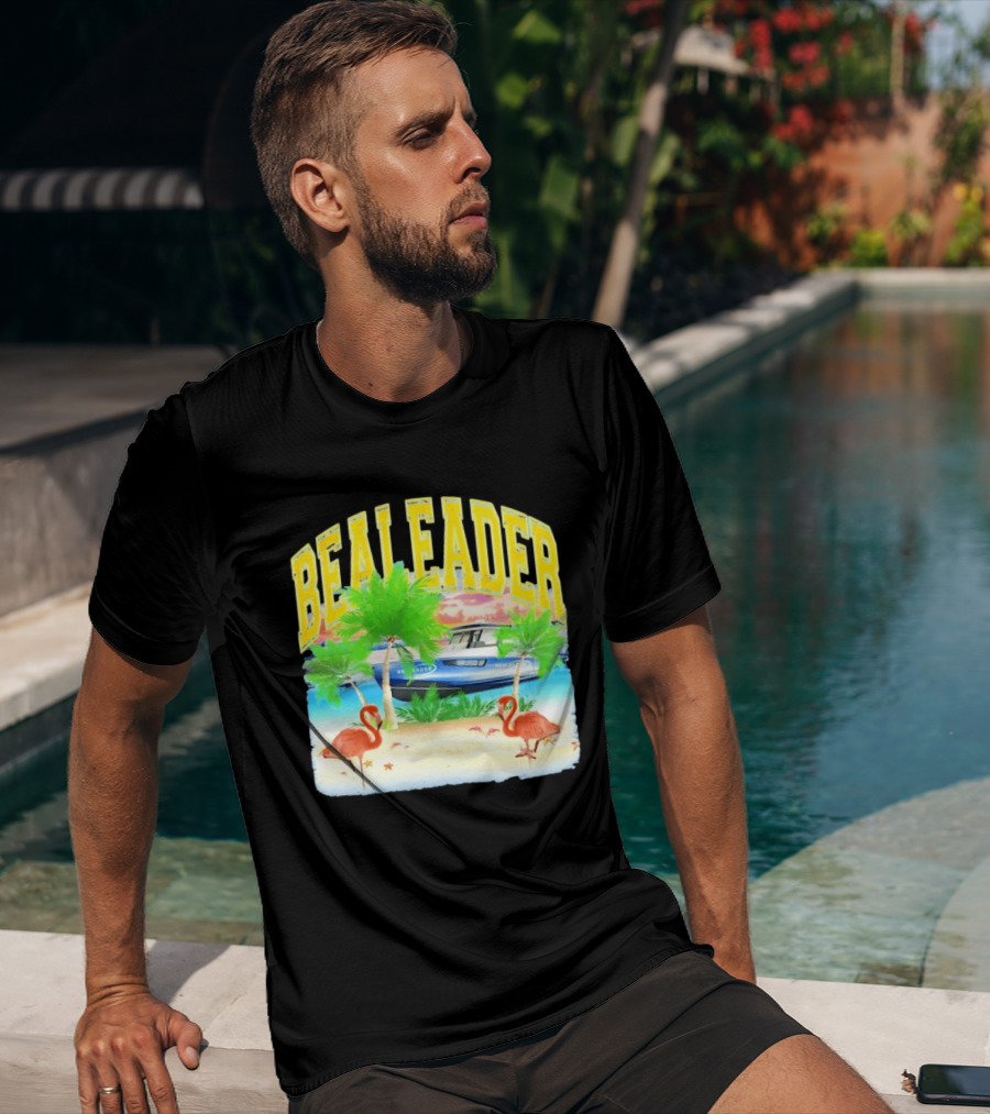 Bealeader Tropical Beach Scene With Palm Trees, Boat, And Flamingos T-Shirt