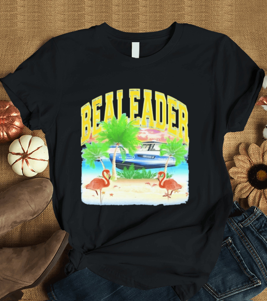 Bealeader Tropical Beach Scene With Palm Trees, Boat, And Flamingos T-Shirt