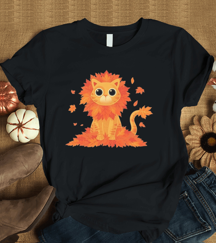 Cat With Autumn Leaves Mane Fall Lion Cozy Cute Kitty T-Shirt