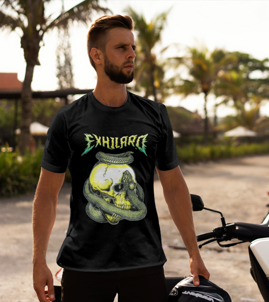 Exhilaro Venomous Serpent Coiled Around Yellow Human Skull T-Shirt