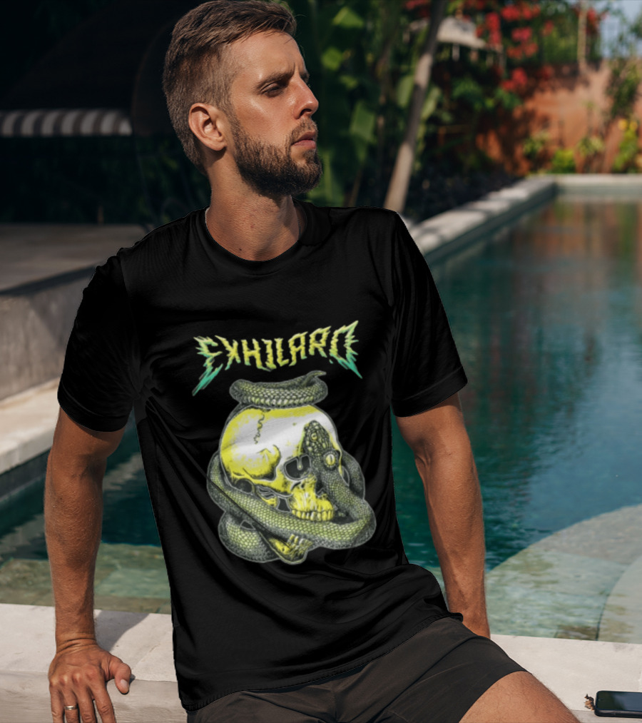 Exhilaro Venomous Serpent Coiled Around Yellow Human Skull T-Shirt