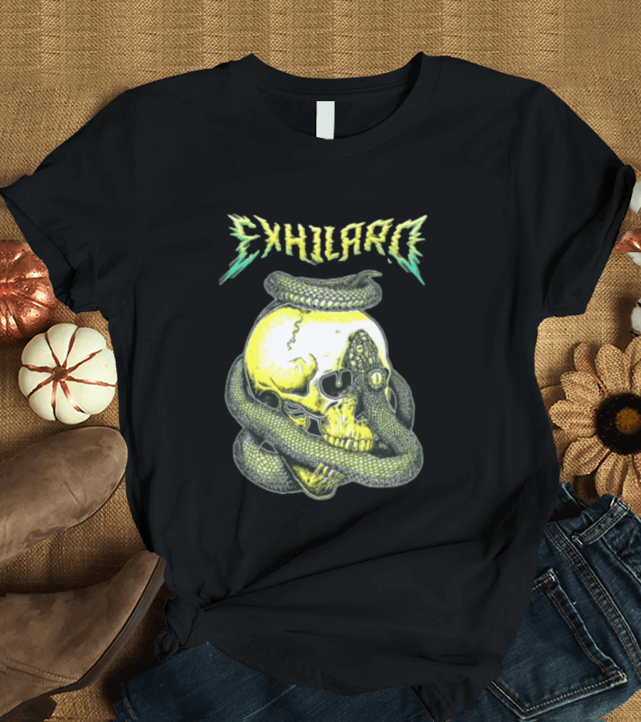 Exhilaro Venomous Serpent Coiled Around Yellow Human Skull T-Shirt