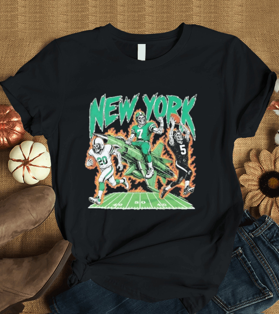 New York Jets Skeleton Football Players With Jet And Field T-Shirt