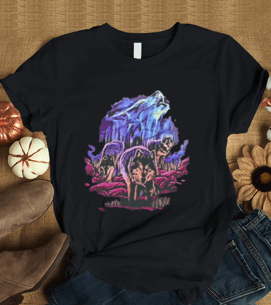 Odm San Diego 2000 Three Wolves Howling Celestial Northern Lights Woods T-Shirt