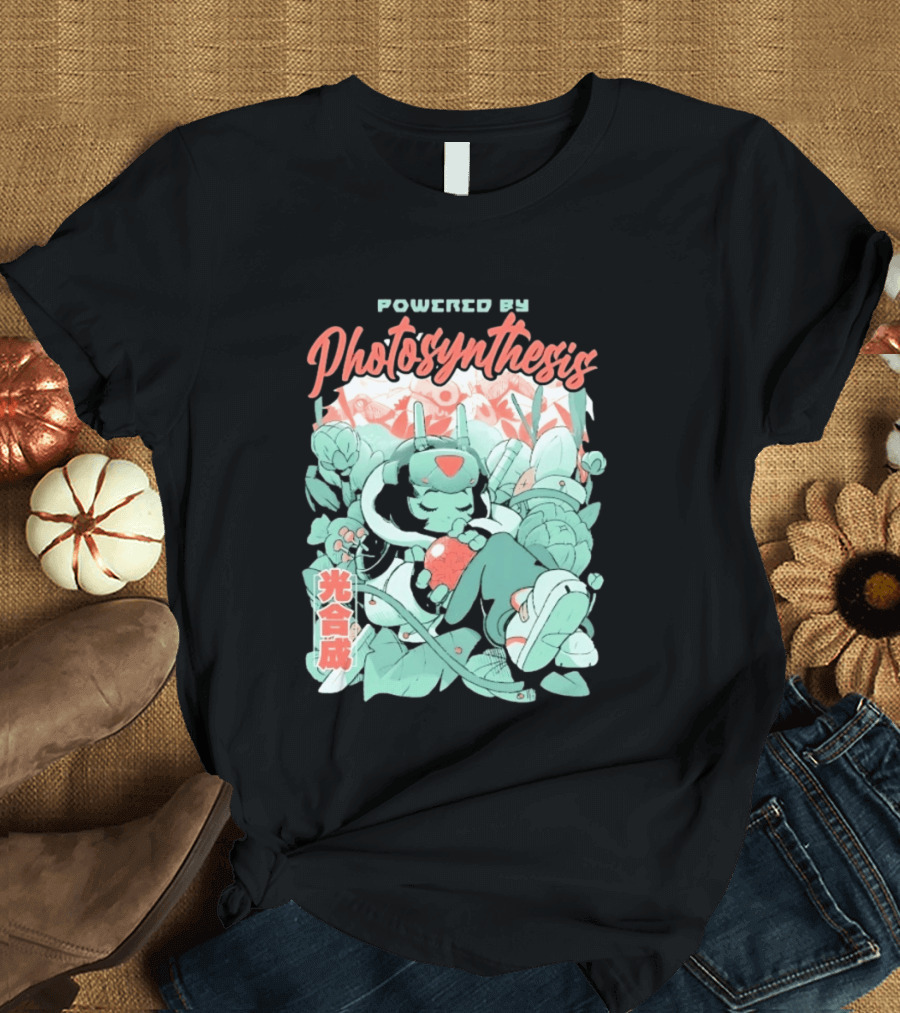 Powered By Photosynthesis Anime Kanji Characters And Cute Green Robot T-Shirt