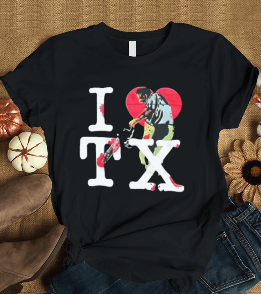 I Love Tx Leatherface Chainsaw Heart Blood Splatter T-Shirt