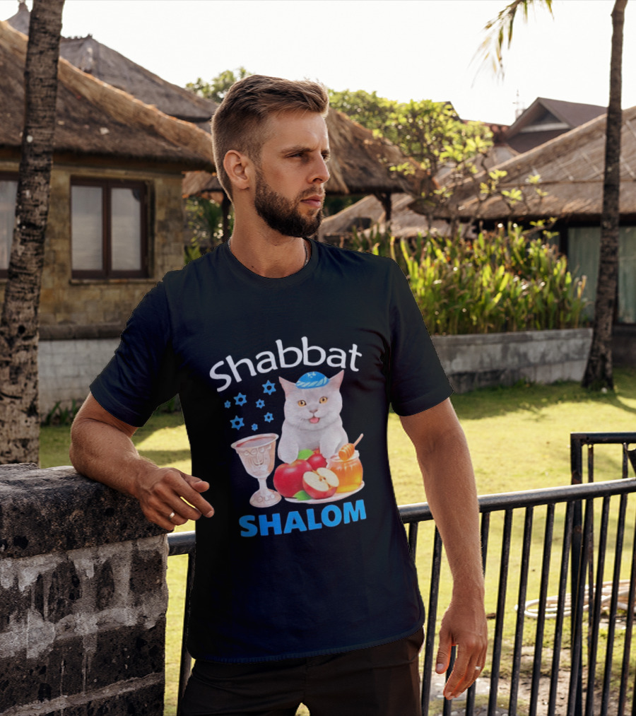 Shabbat Shalom Cat With Kippah Apples Honey And Wine Cup T-Shirt