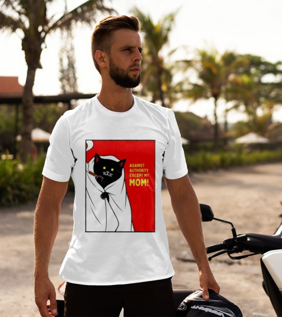 Black Cat Against Authority Except My Mom Smoking Cloaked Yellow Eyes Red T-Shirt