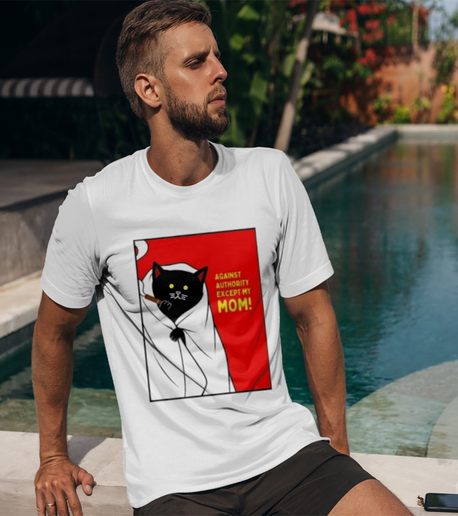 Black Cat Against Authority Except My Mom Smoking Cloaked Yellow Eyes Red T-Shirt
