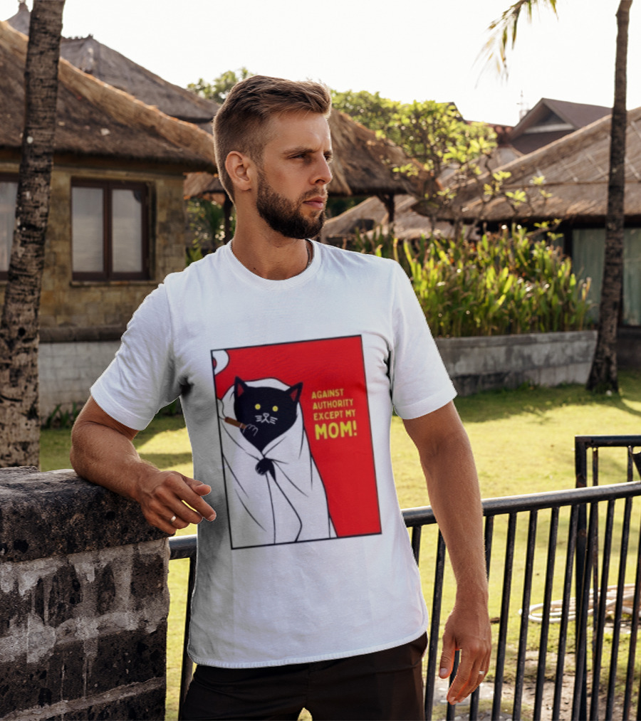 Black Cat Against Authority Except My Mom Smoking Cloaked Yellow Eyes Red T-Shirt