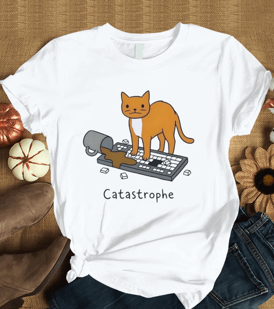 Catastrophe Orange Cat Spilling Coffee On Keyboard T-Shirt