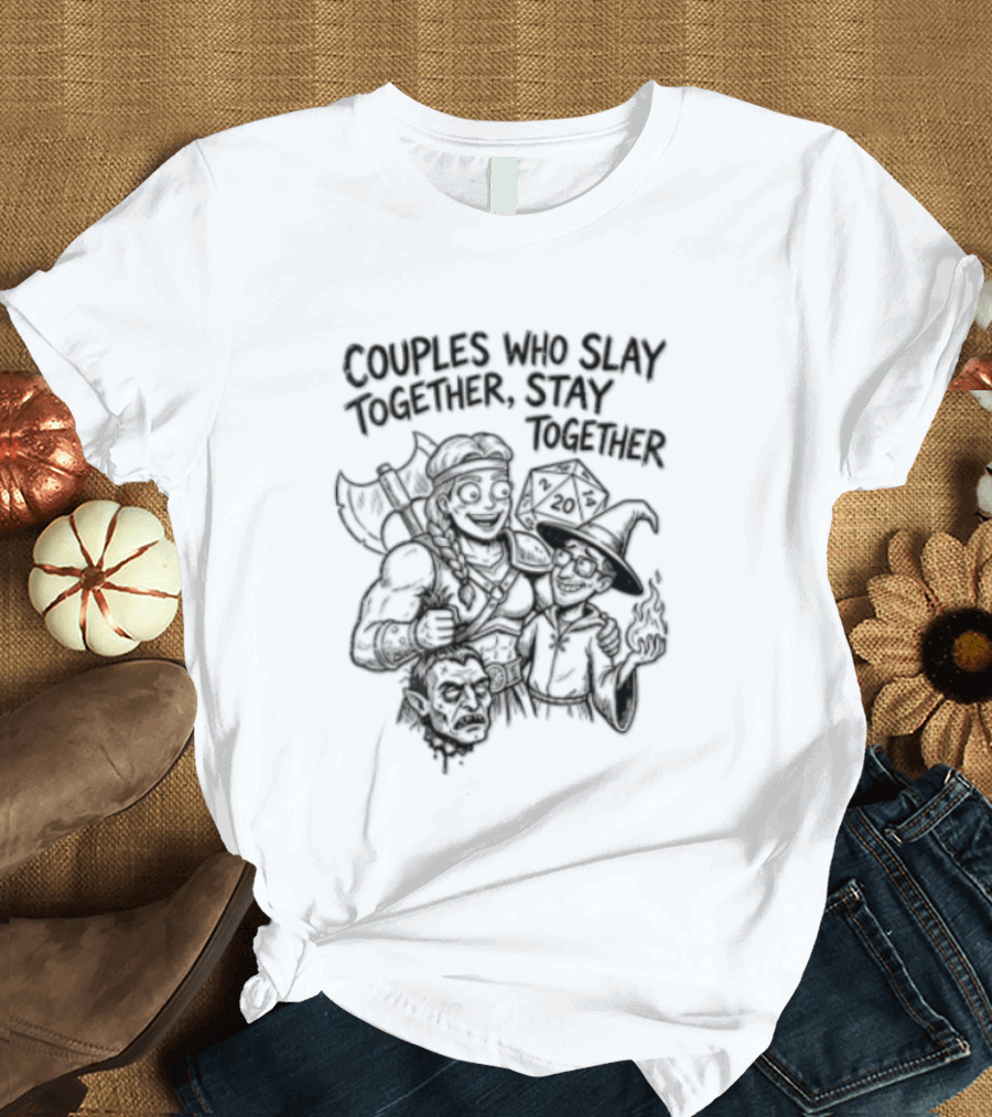 Couples Who Slay Together Stay Cartoon Barbarian Wizard D20 Orc Head T-Shirt