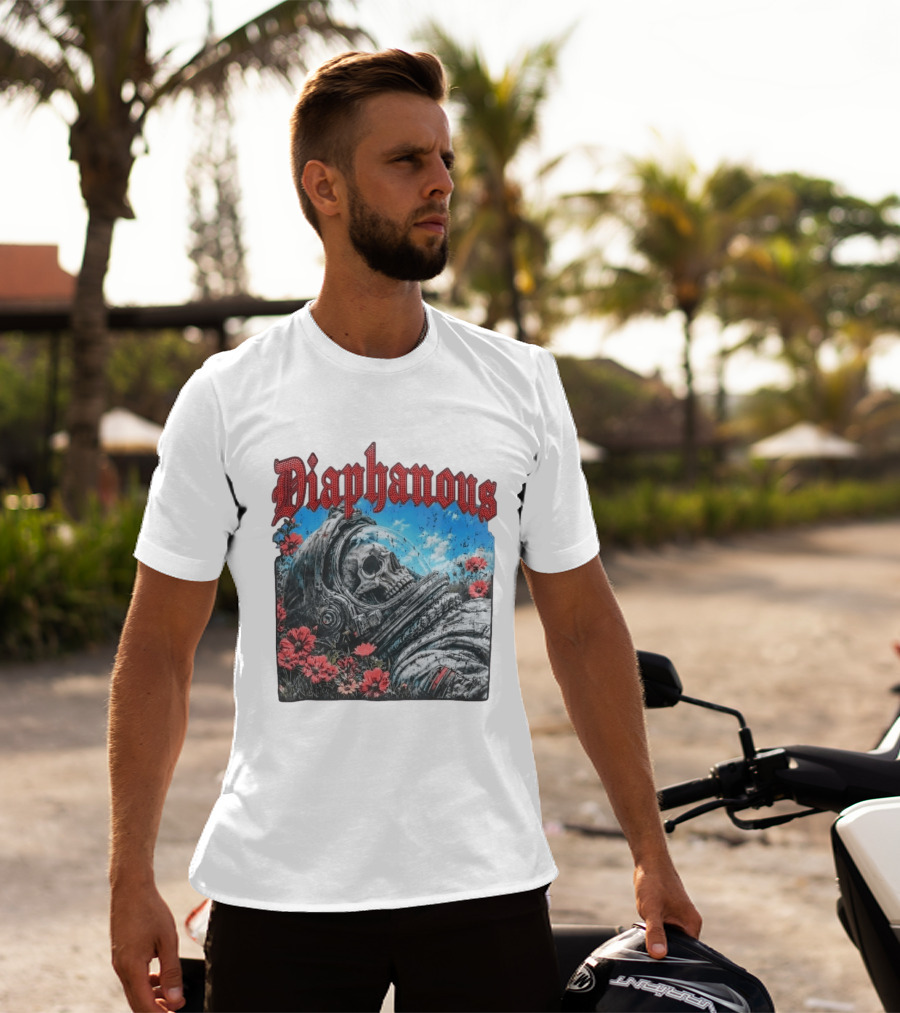Diaphanous Distressed Skull Astronaut In Flowers With Cosmic T-Shirt