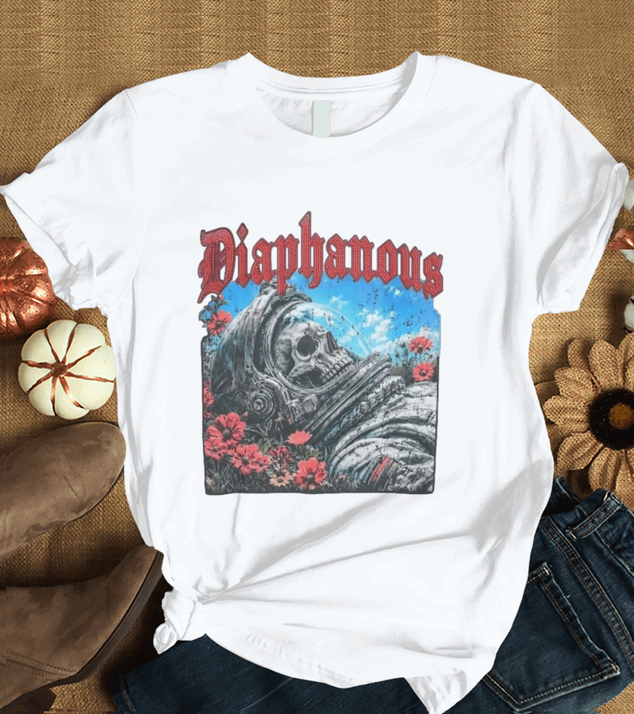 Diaphanous Distressed Skull Astronaut In Flowers With Cosmic T-Shirt