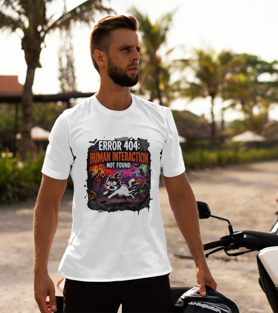 Error 404 Human Interaction Not Found Halloween Cat Spooky Party Scene T-Shirt