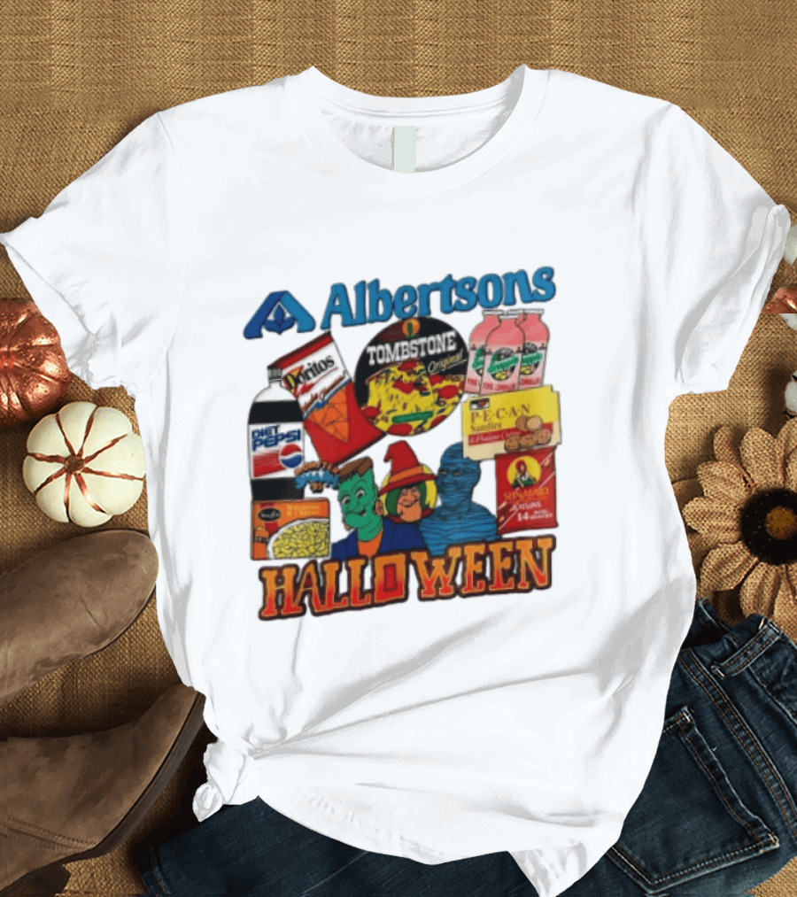 Albertsons Halloween Frankenstein Witch Mummy Featuring Diet Pepsi Doritos Tombstone Pizza T-Shirt