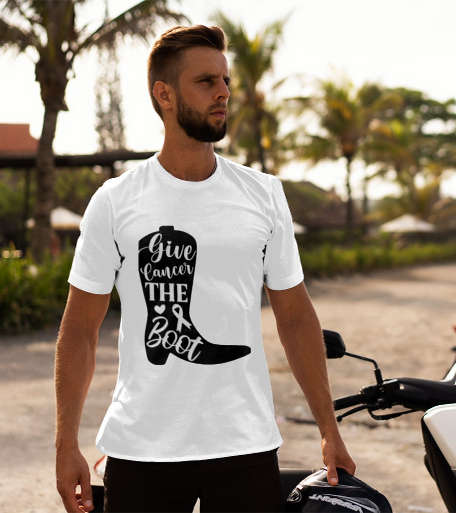 Give Cancer The Boot Awareness Ribbon Western Cowboy Boot T-Shirt