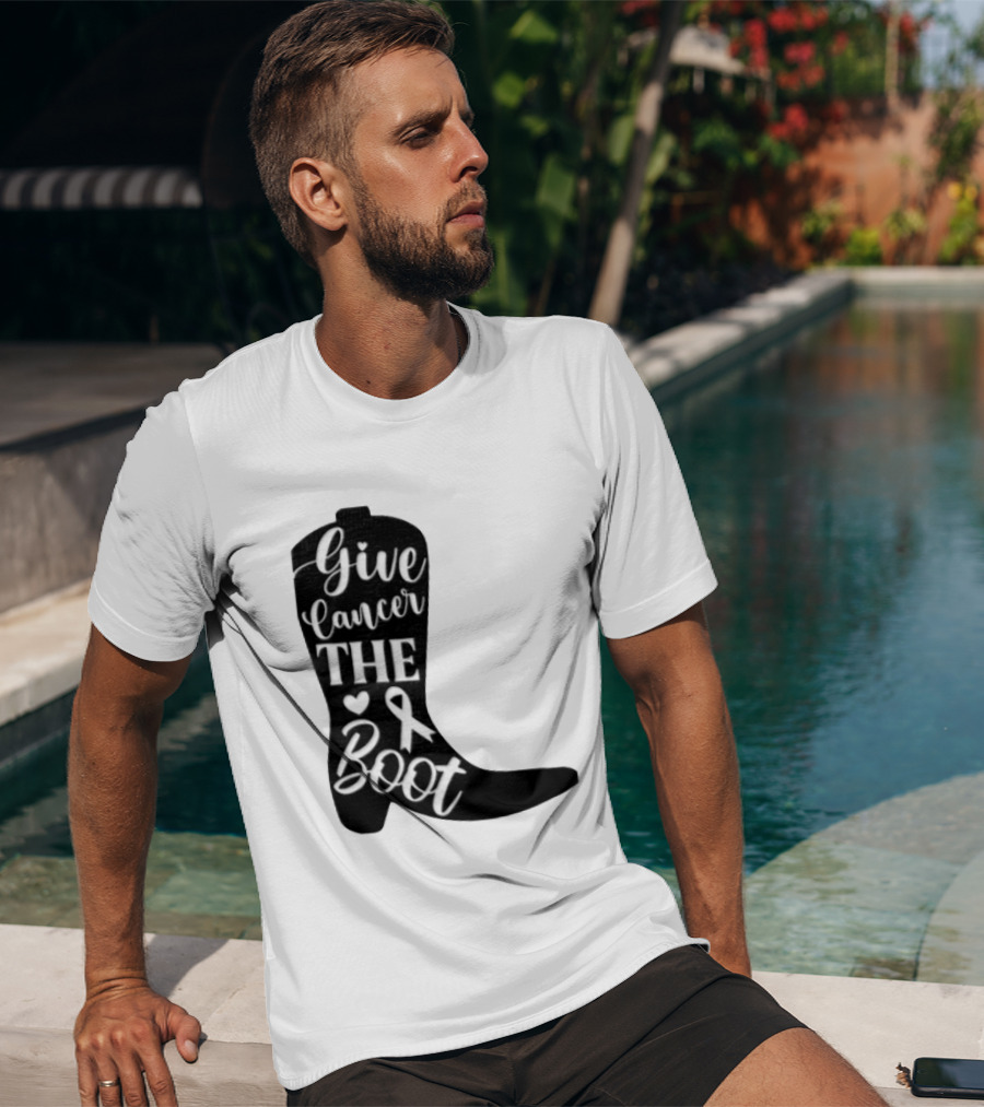 Give Cancer The Boot Awareness Ribbon Western Cowboy Boot T-Shirt