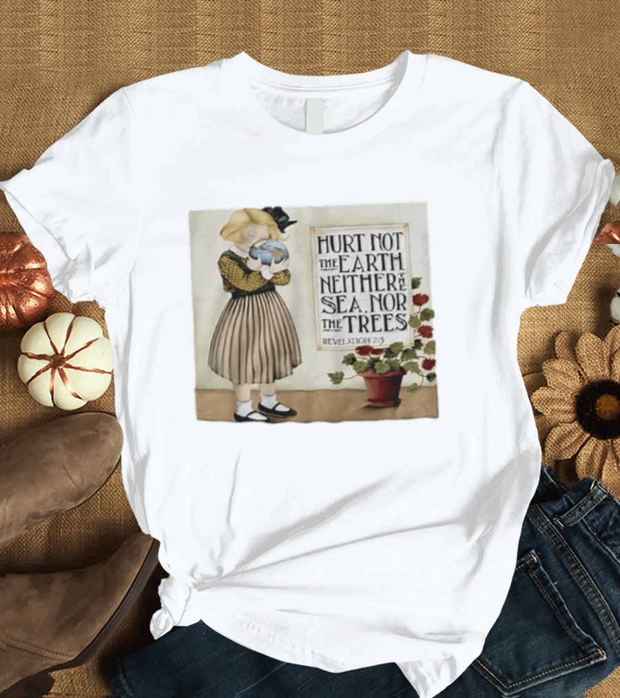 Hurt Not The Earth Revelation 7:3 Vintage Girl Holding Globe Environmental Protection T-Shirt