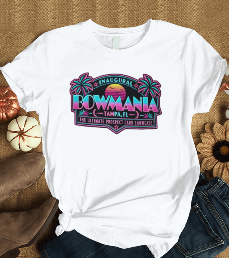 Inaugural Bowmania Tampa FL The Ultimate Prospect Card Showcase Retro Sunset Palm Trees T-Shirt