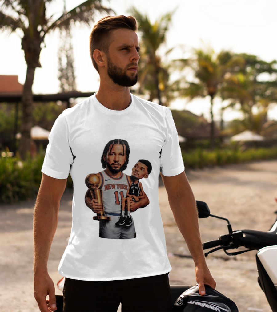 New York Knicks Jalen Brunson Embraces San Antonio Spurs Victor Wembanyama NBA Trophy T-Shirt