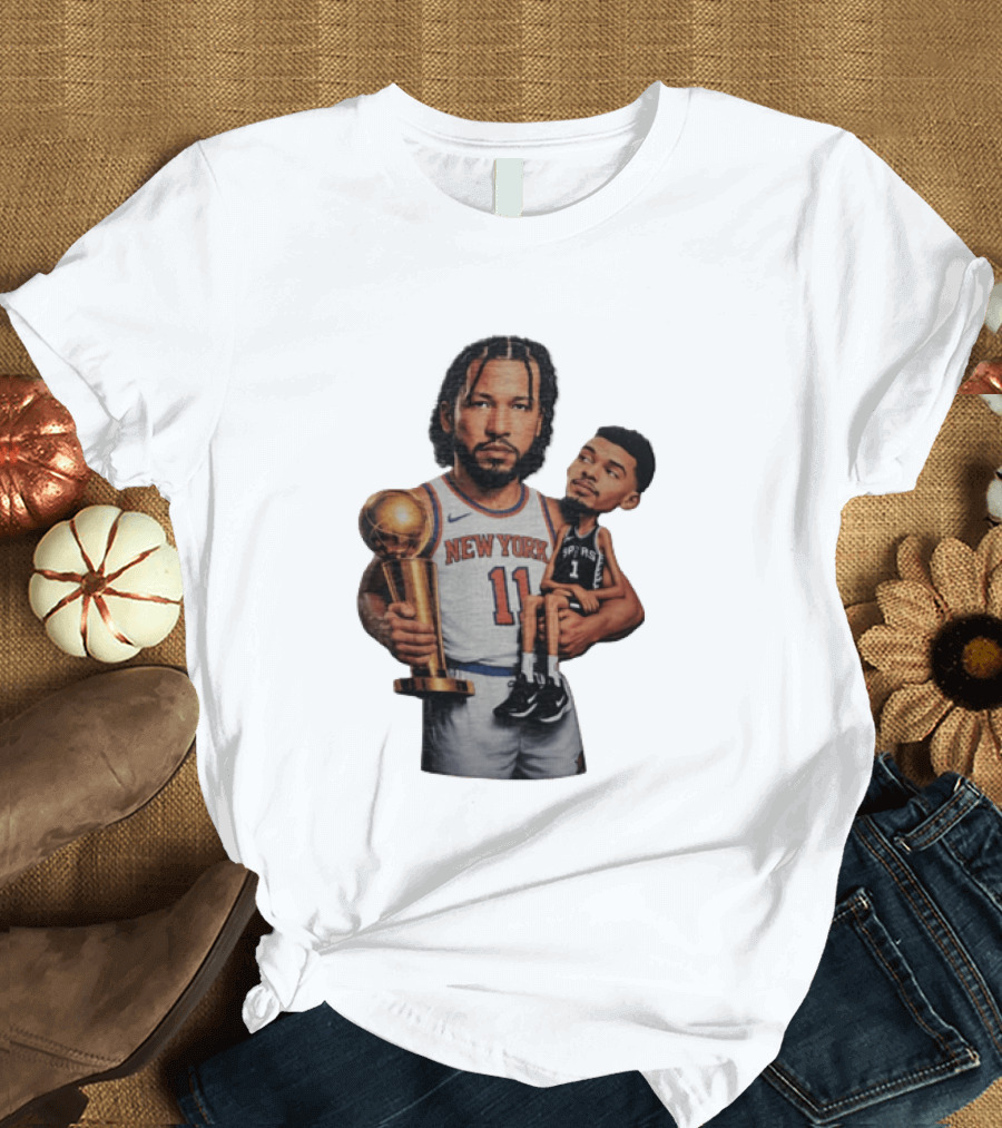 New York Knicks Jalen Brunson Embraces San Antonio Spurs Victor Wembanyama NBA Trophy T-Shirt
