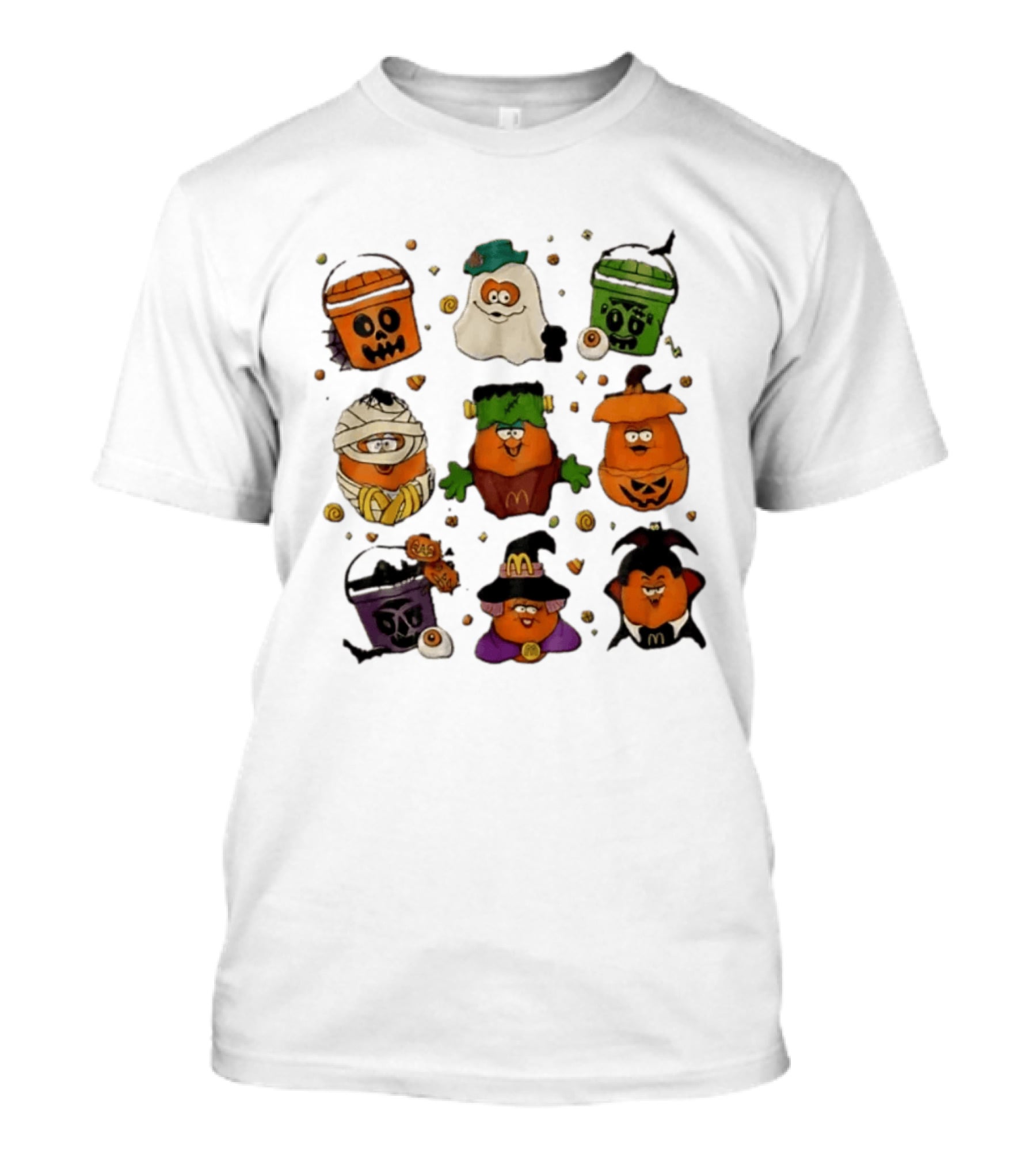McDonalds Halloween McNugget Buddies Characters Pumpkin Witch Dracula Mummy Ghost Frankenstein T-Shirt