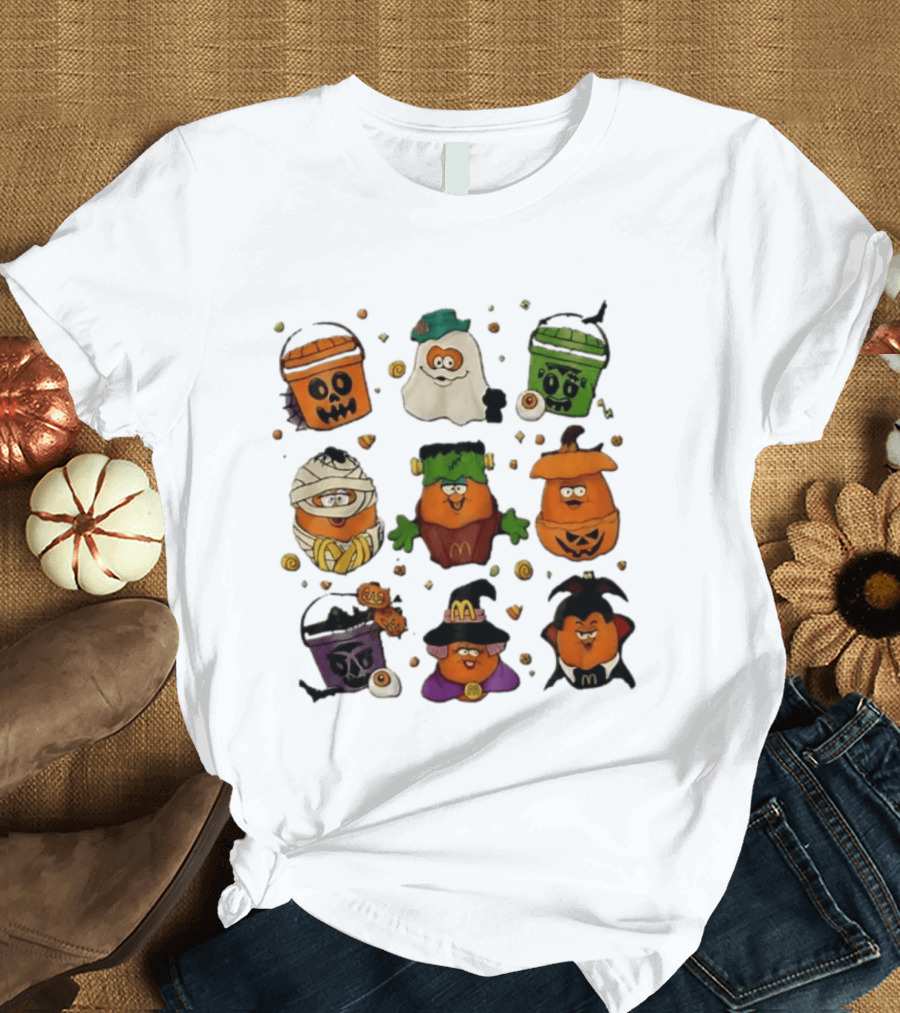 McDonalds Halloween McNugget Buddies Characters Pumpkin Witch Dracula Mummy Ghost Frankenstein T-Shirt