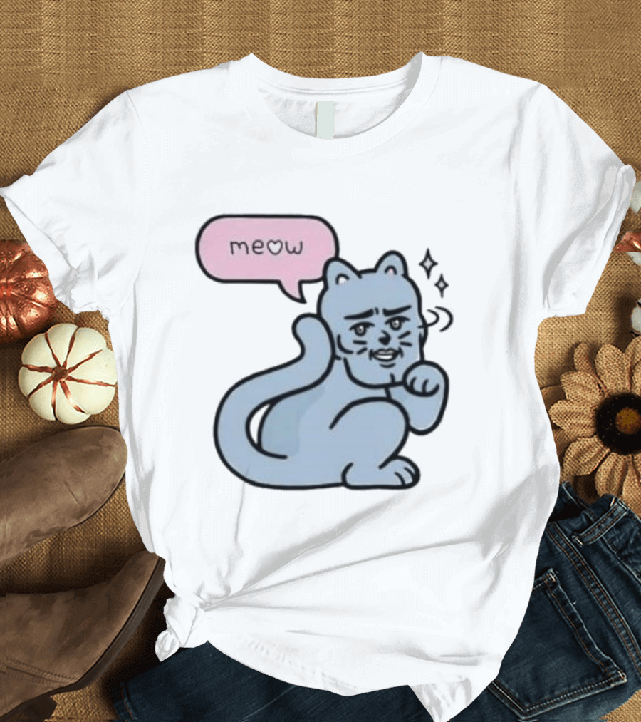 Meow Meme Cat With Human Face And Sparkles T-Shirt