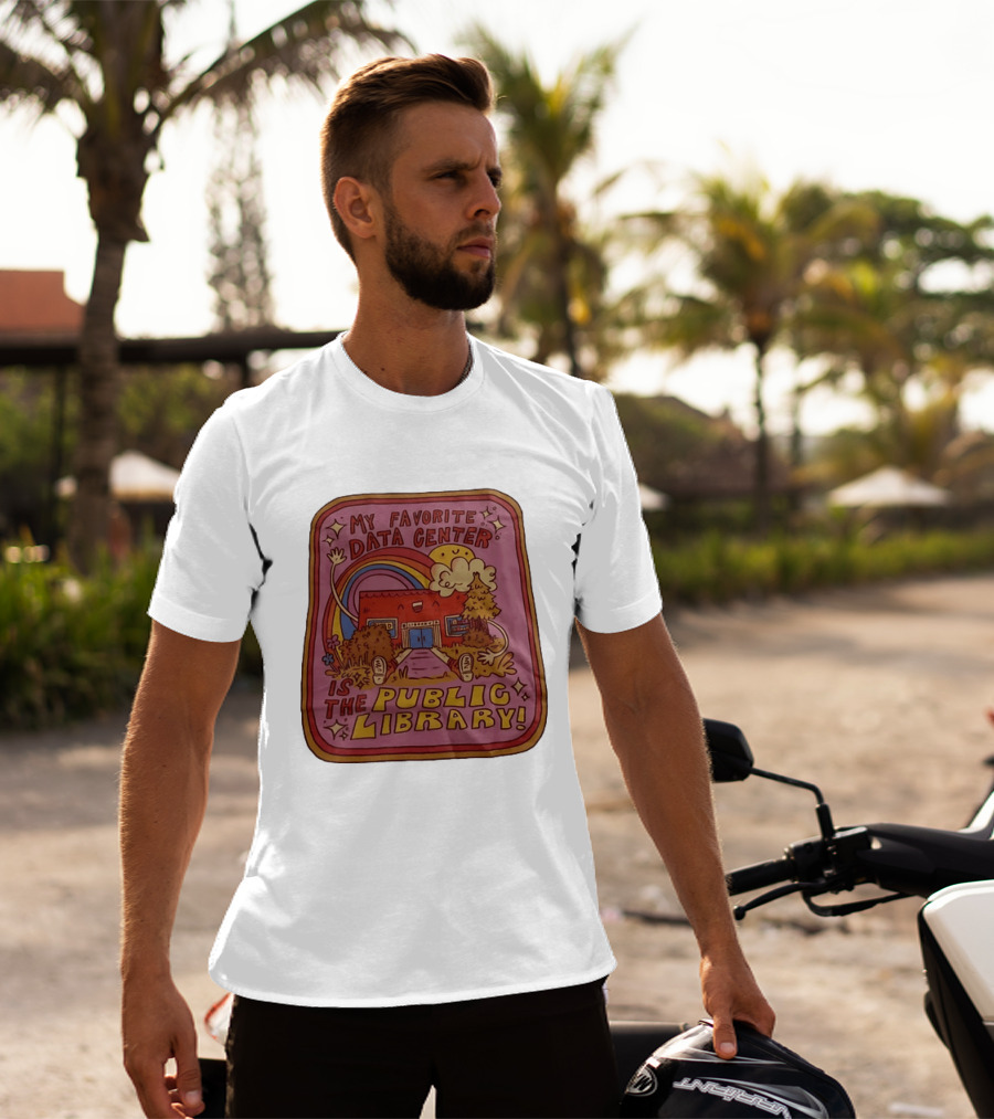 My Favorite Data Center Is The Public Library Rainbow Cartoon Library Scene T-Shirt