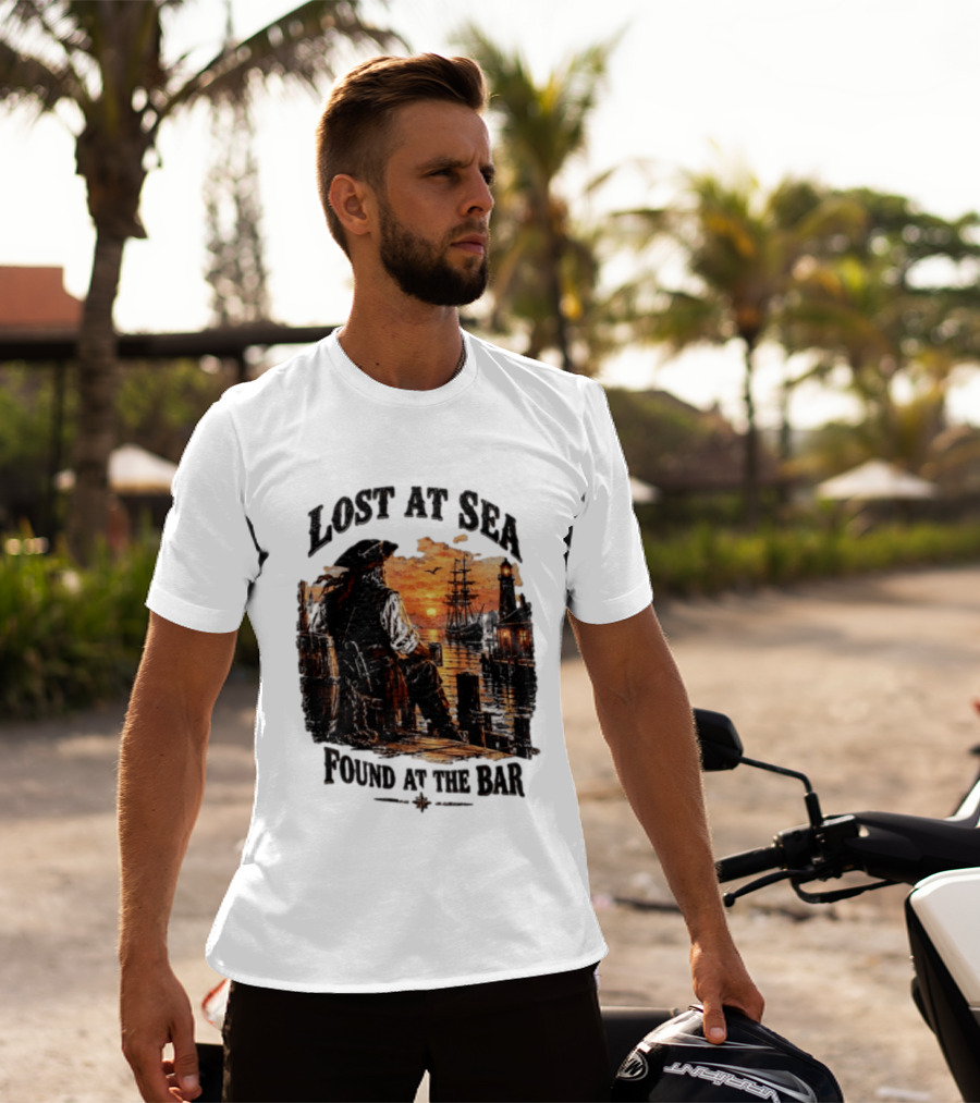 Lost At Sea Found At The Bar Pirate Sunset Tavern Lighthouse Nautical Adventure T-Shirt