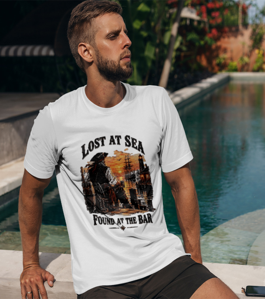 Lost At Sea Found At The Bar Pirate Sunset Tavern Lighthouse Nautical Adventure T-Shirt