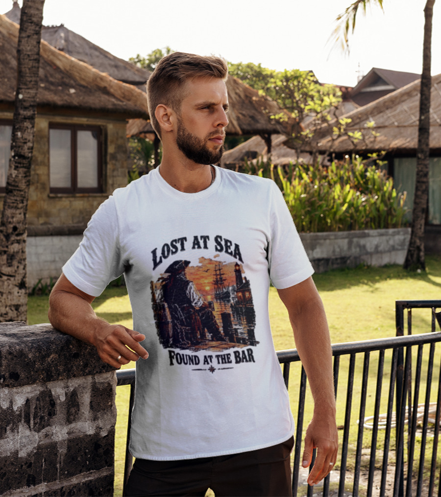 Lost At Sea Found At The Bar Pirate Sunset Tavern Lighthouse Nautical Adventure T-Shirt