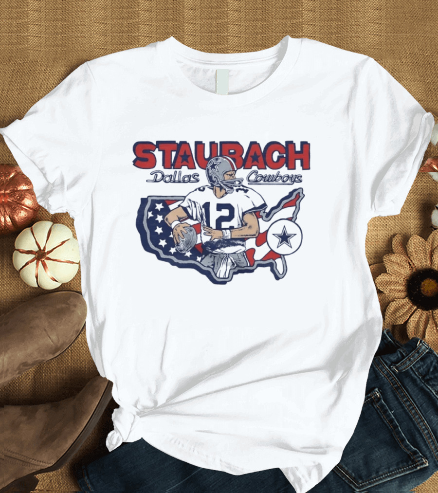 Staubach Dallas Cowboys 12 USA Map Star Helmet Football T-Shirt
