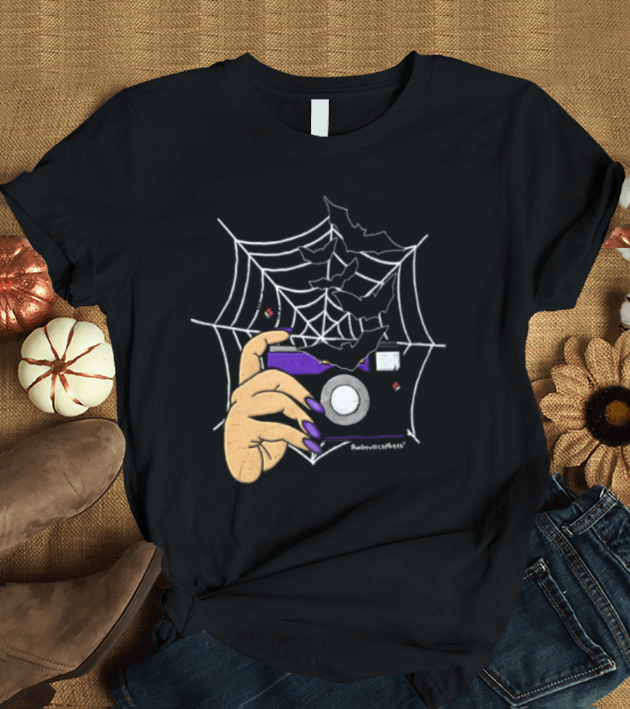 AmberNicoPhoto Camera With Bats And Spider Web Halloween T-Shirt