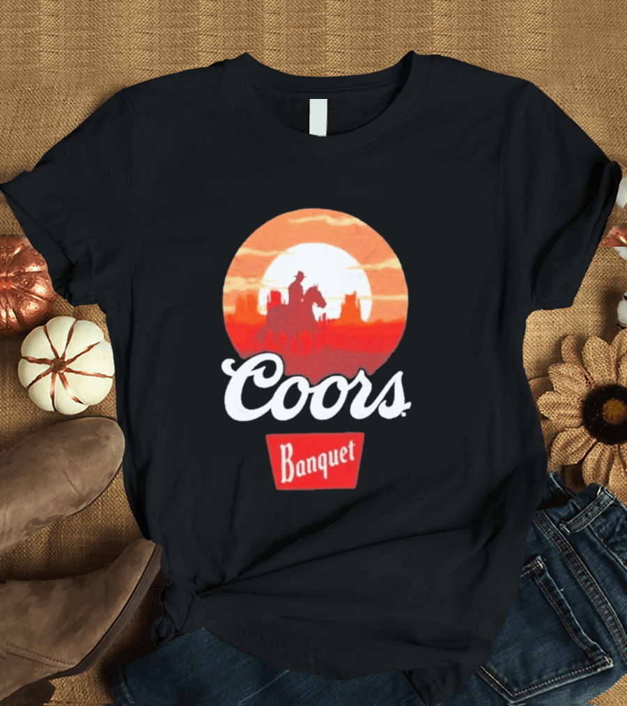 Coors Banquet Cowboy Horseback Riding At Sunset Western Scene T-Shirt