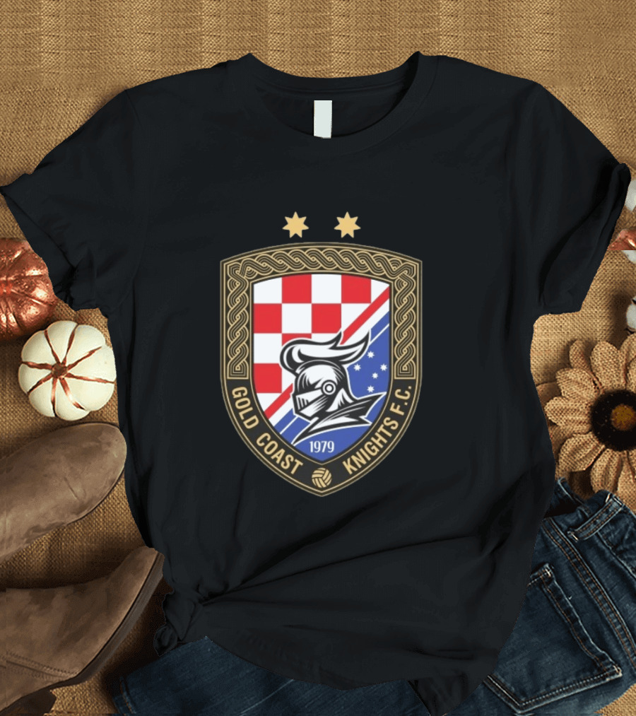Gold Coast Knights F.C. 1979 Crest With Chessboard Pattern And Knight Helmet T-Shirt