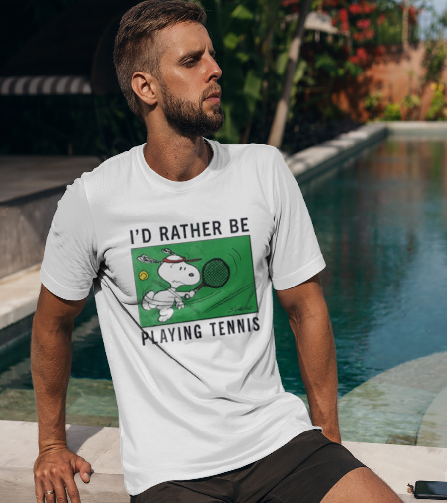 I'd Rather Be Playing Tennis Peanuts Snoopy Racquet Cartoon Green Court Schulz T-Shirt