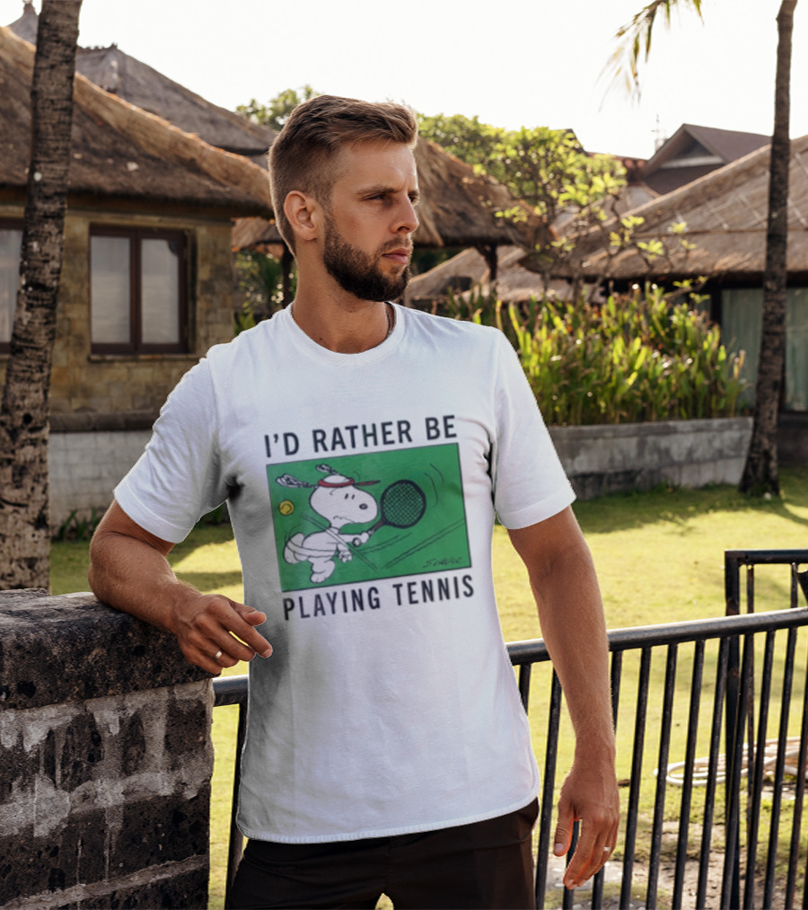 I'd Rather Be Playing Tennis Peanuts Snoopy Racquet Cartoon Green Court Schulz T-Shirt