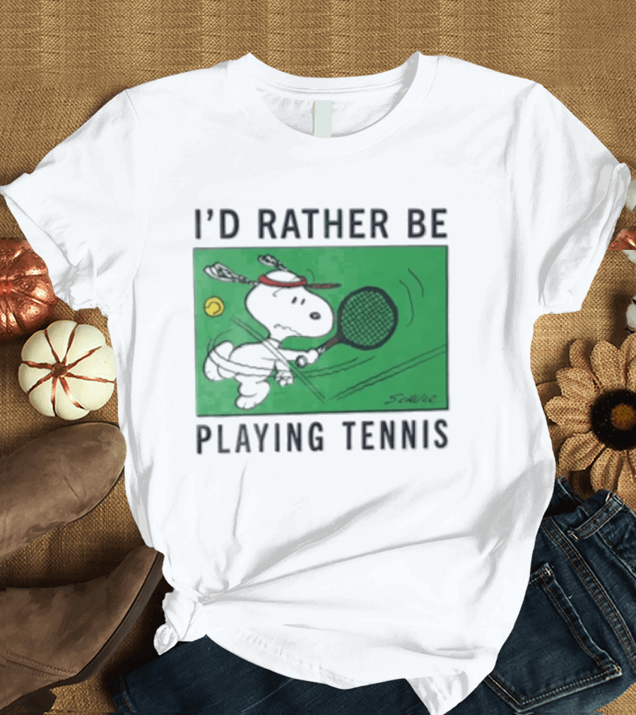 I'd Rather Be Playing Tennis Peanuts Snoopy Racquet Cartoon Green Court Schulz T-Shirt