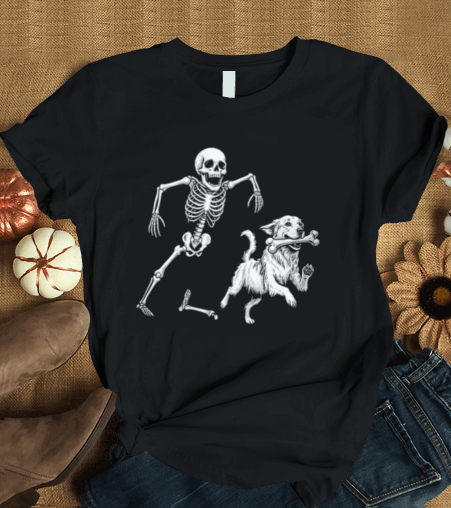 Skeleton Chasing Golden Retriever With Leg Bone T-Shirt