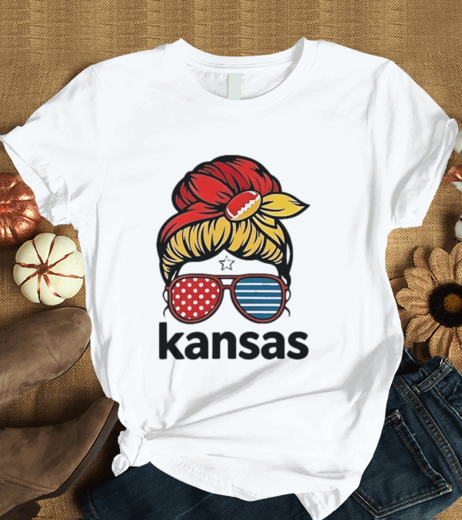 Kansas City Chiefs Royals Football Game Day Messy Bun Girl T-Shirt