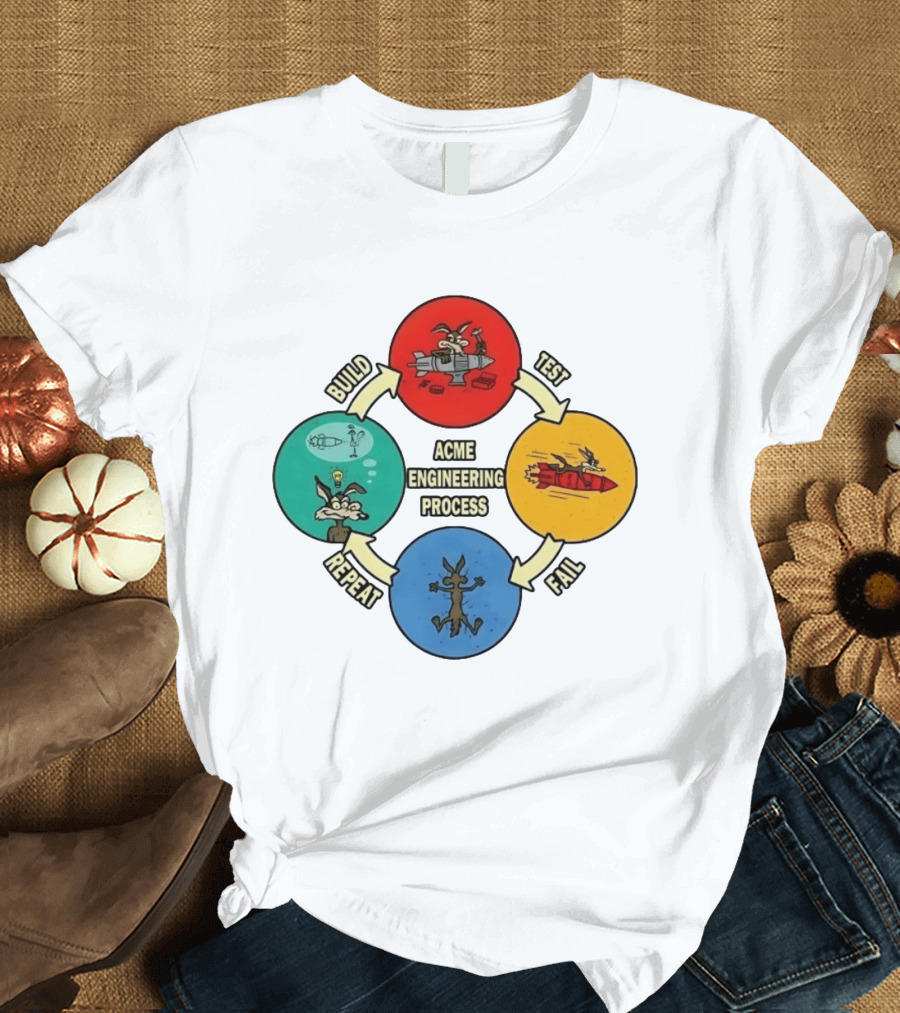 Wile E Coyote Acme Engineering Process Build Test Fail Repeat Cycle T-Shirt