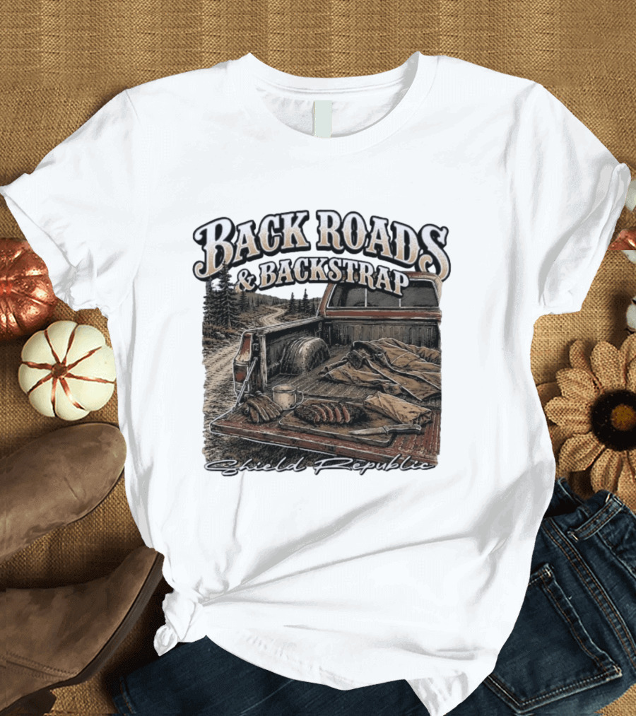 Back Roads & Backstrap Shield Republic Hunting Truck Scene T-Shirt