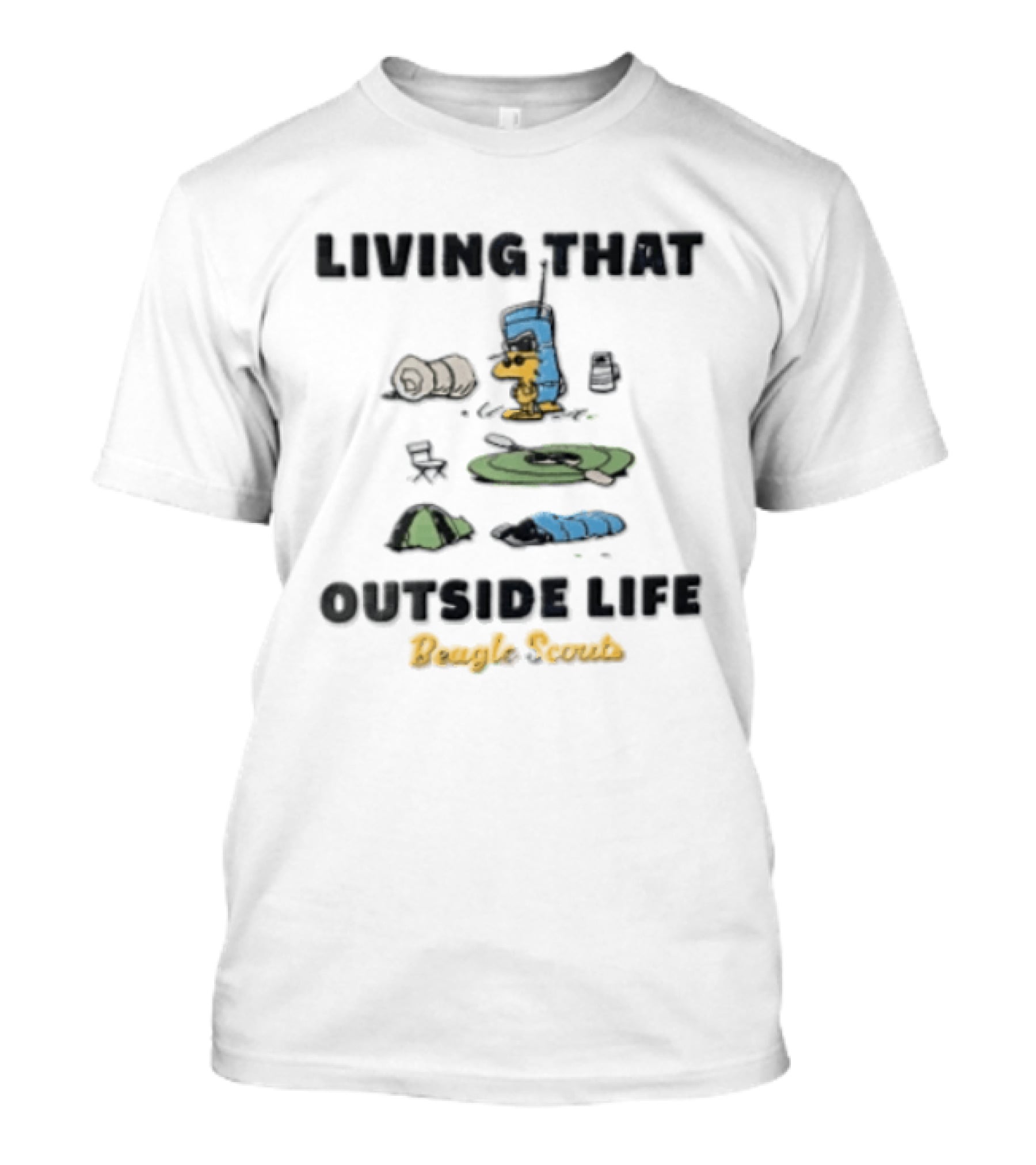 Living That Outside Life Beagle Scouts Woodstock Camping Est 1974 Distressed Cartoon T-Shirt