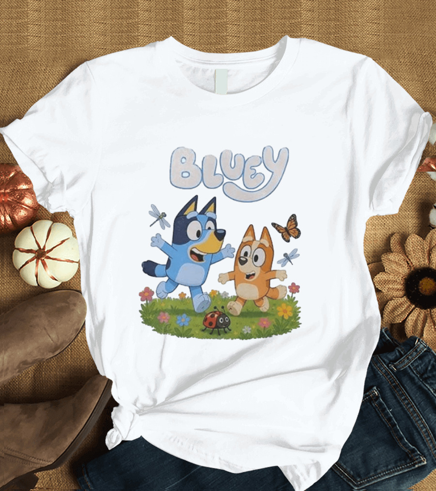 Bluey And Friends Playing With Bugs And Butterflies In The Meadow T-Shirt