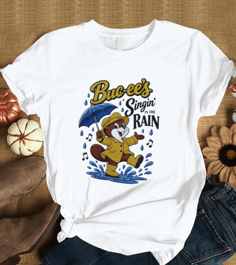 Buc Ee's Singin In The Rain Umbrella Beaver Cheerful Splash T-Shirt