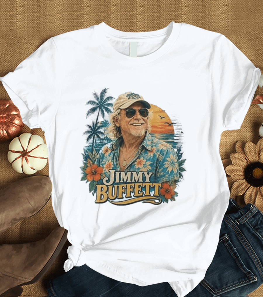 Jimmy Buffett Tropical Vibes Sunset And Palm Trees Floral T-Shirt